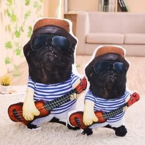 Подушка декоративная Черная собака в очках с укулеле. Размер 45 см.